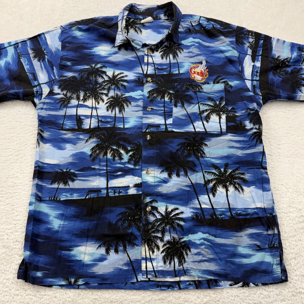 Vintage Coastal Living Gilroy‎ Garlic Festival Blue Palm Tree Hawaiian Shirt XL